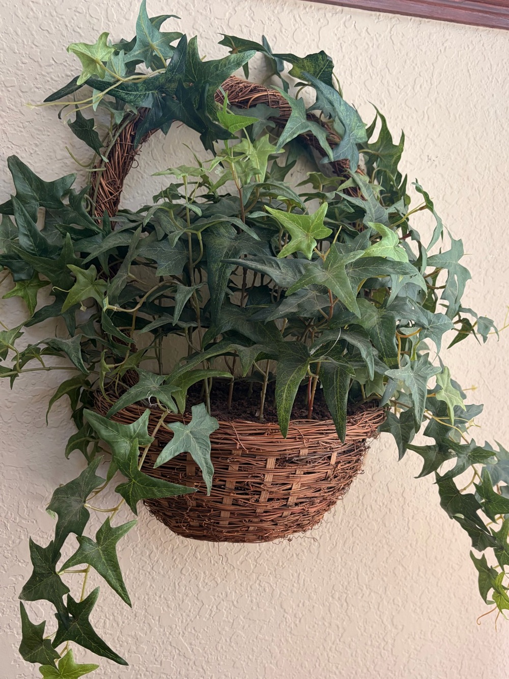 Woven Rattan Wall Basket with Green Ivy Accent